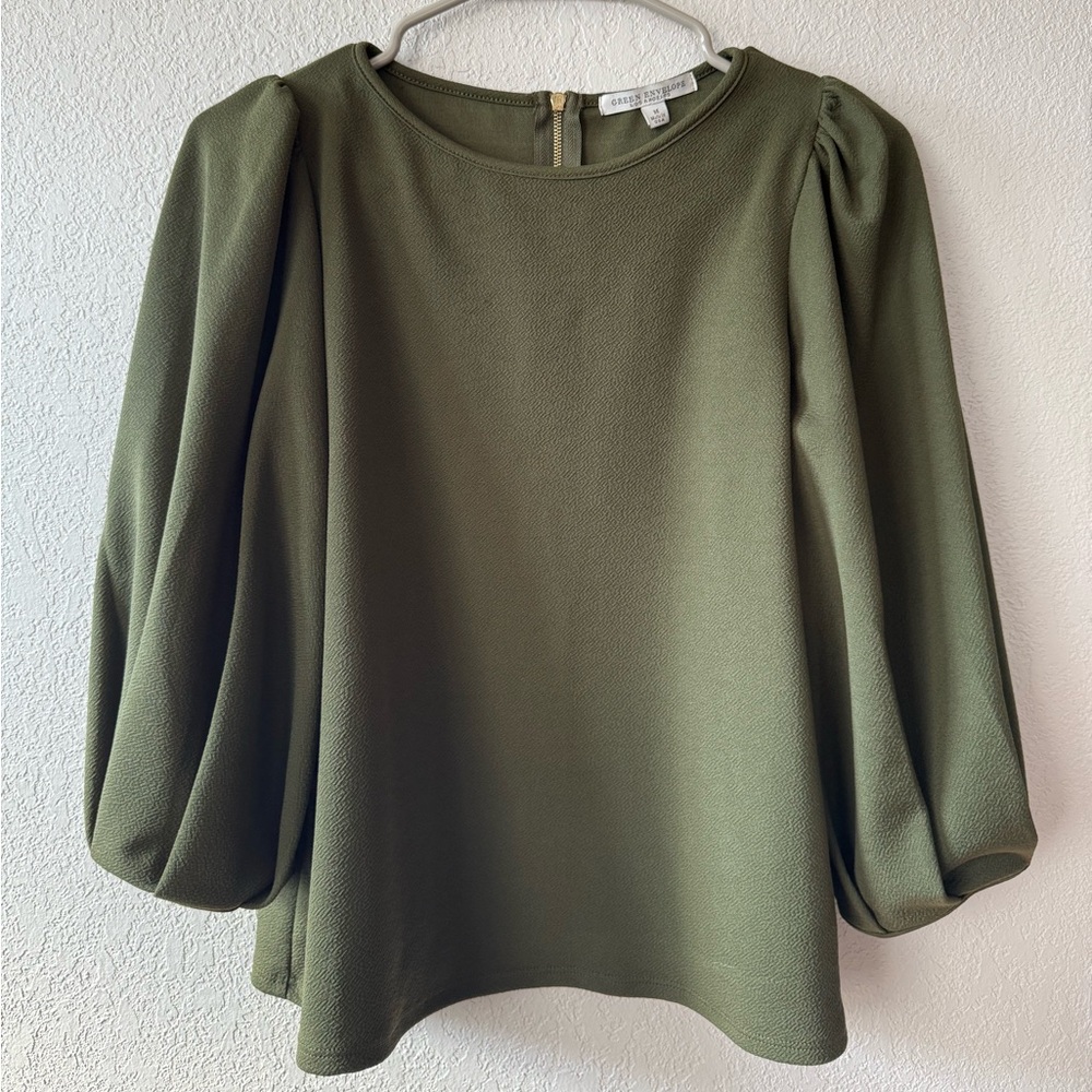 Green Envelope Olive Blouse with Puff Sleeves